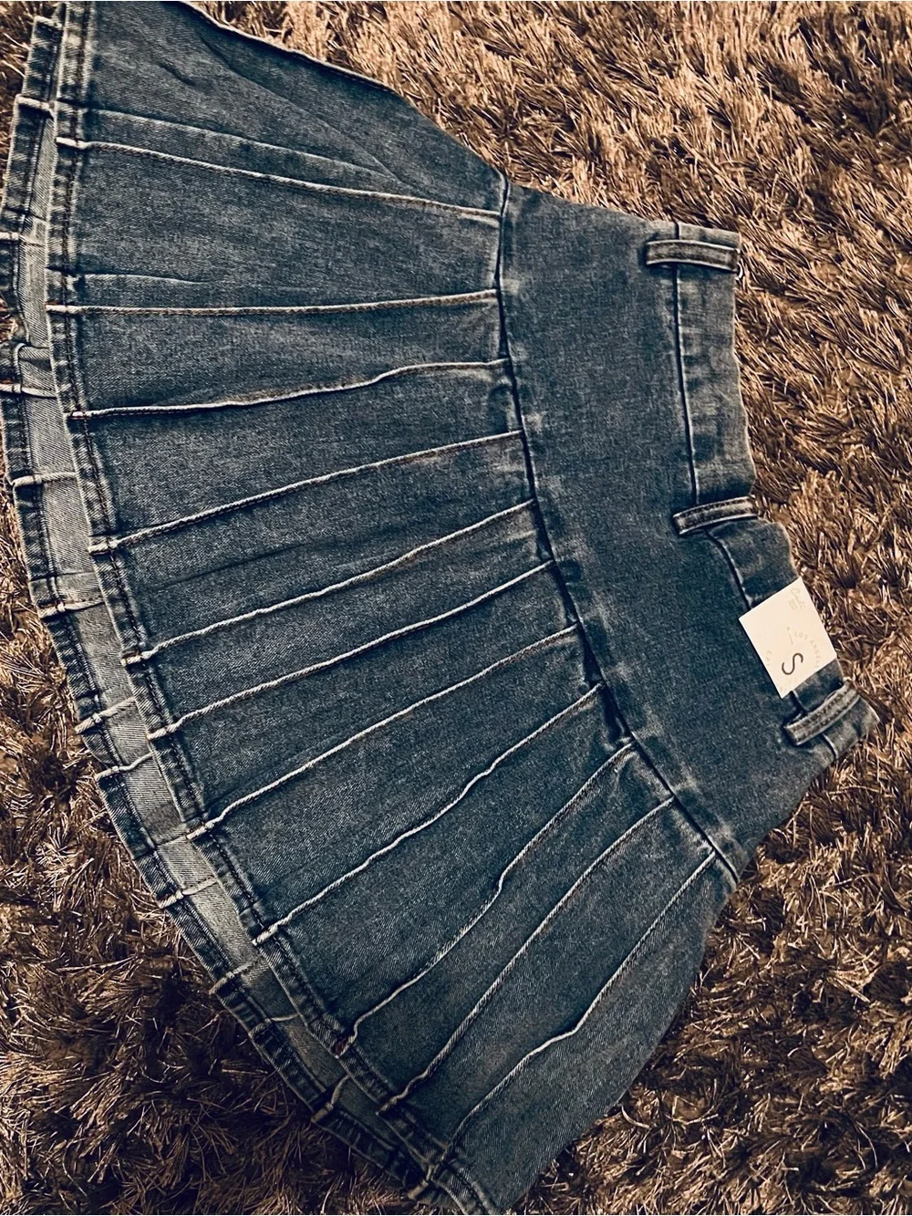 Lace-Up Pleated Denim Mini Skirt - Blue